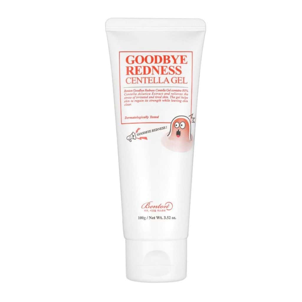 Benton Goodbye Redness Centella Cica Gel i vit tub med röda detaljer och veganmärkning.