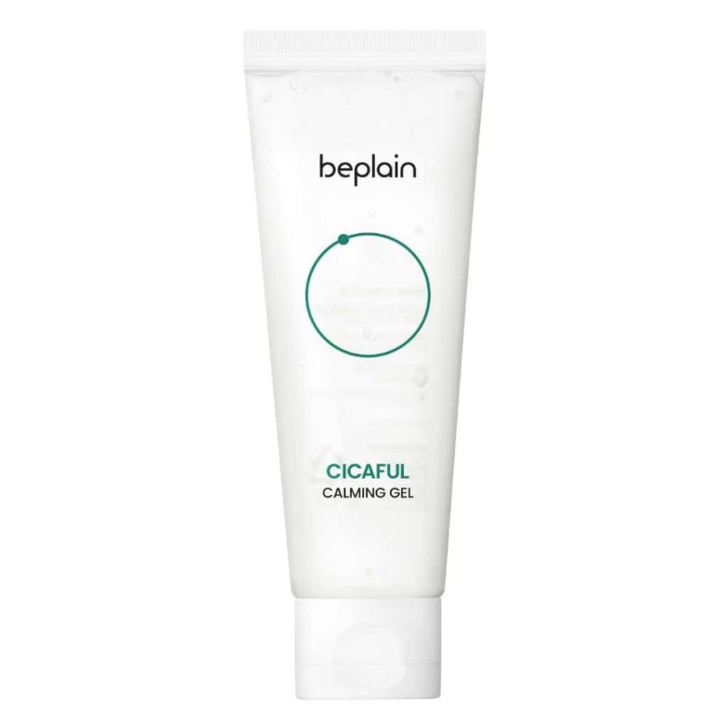 Vit tub med Beplain Cicaful Calming Gel, parfymfri och vegansk gel för känslig hud.