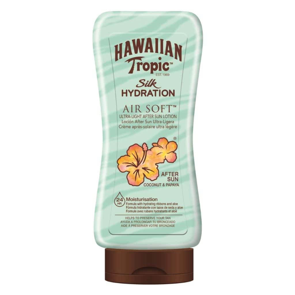 Hawaiian Tropic Silk Hydration After Sun-lotion i mintgrön flaska med brun kork och blommigt motiv.