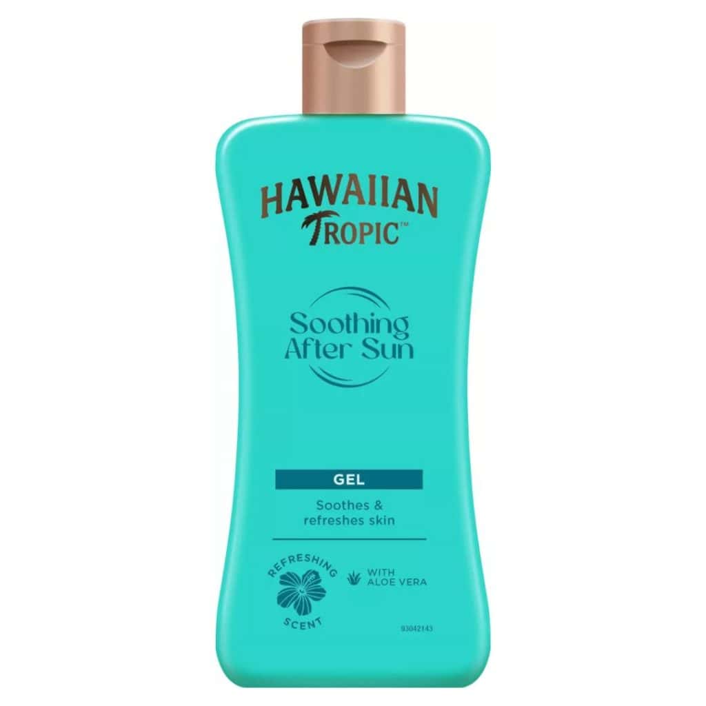 Hawaiian Tropic Soothing After Sun Gel i turkos flaska med guldigt lock och text i blått och brunt.