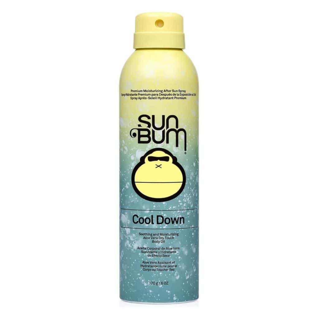 Sun Bum Cool Down After Sun Spray i blå och gul metallflaska med ikoniskt logotryck.