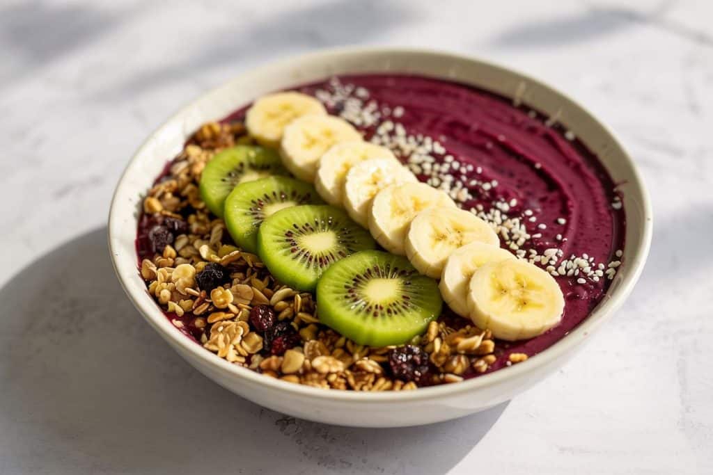 En färdig acai bowl toppad med banan, kiwi, granola och hampafrön.