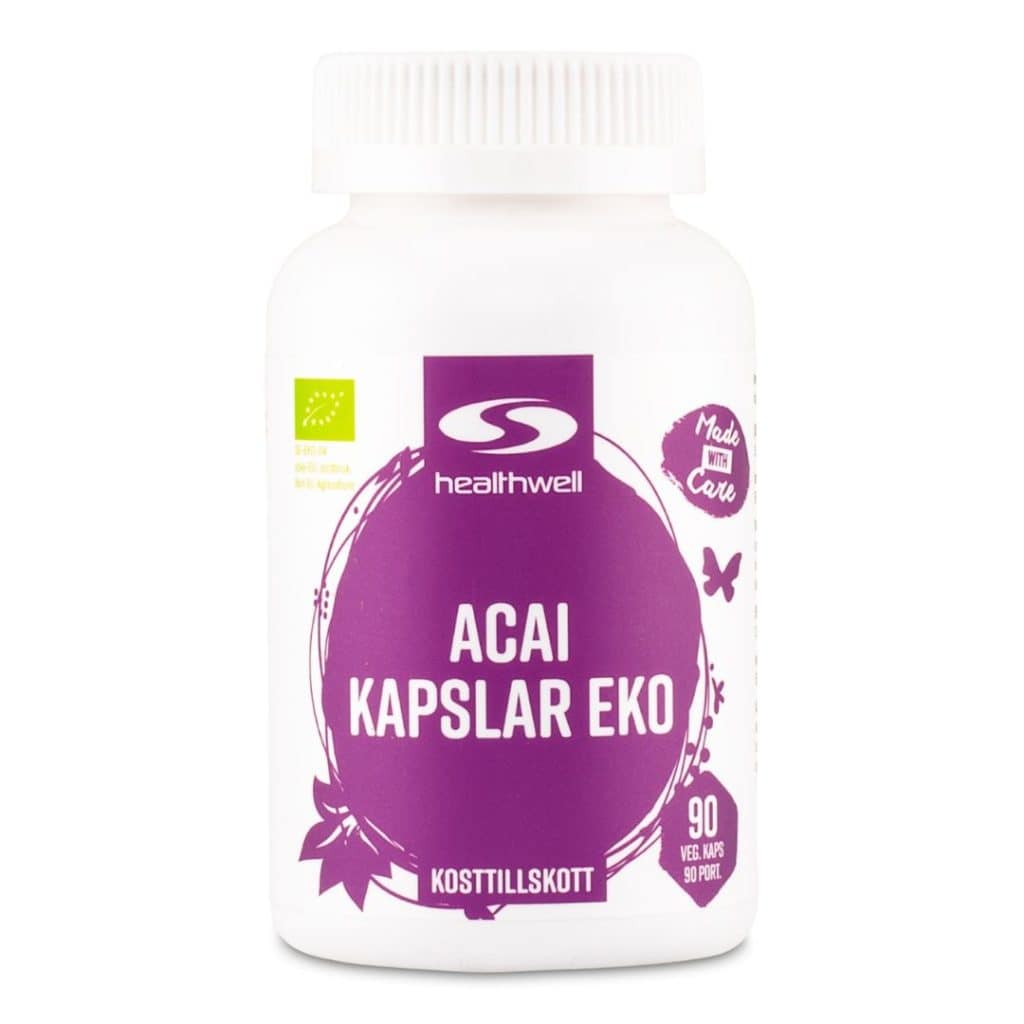 Burk med ekologiska acaikapslar från Healthwell, 90 vegetabiliska kapslar.