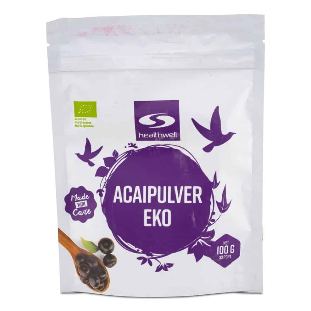 Förpackning med ekologiskt acaipulver från Healthwell, 100 gram.