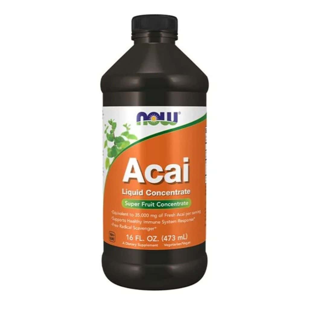 Mörk plastflaska med flytande acaikoncentrat från Now Foods, 473 ml.