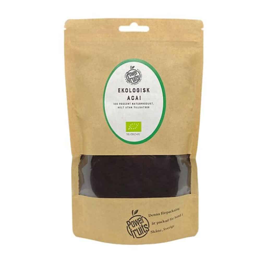 Brun pappersförpackning med PowerFruits Ekologisk Acai-pulver, 200 gram.