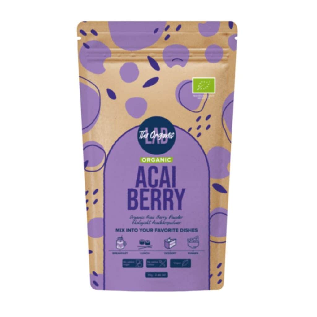 Förpackning med ekologiskt acaibärpulver från The Organic Labs, 70 gram.