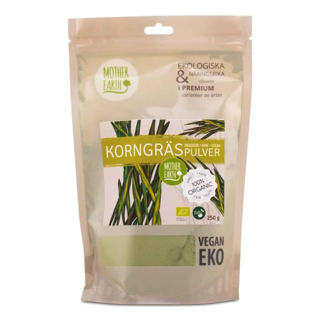 Förpackning med Mother Earth Korngräspulver, ekologiskt och raw, 250 g.