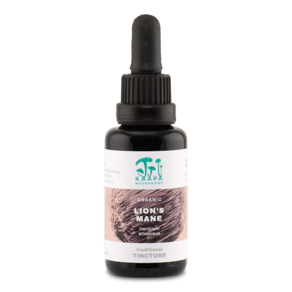 En liten mörk glasflaska med pipett, KÄÄPÄ Lions Mane Extract Tincture. Ekologiskt Lions Mane-extrakt i tinkturform.
