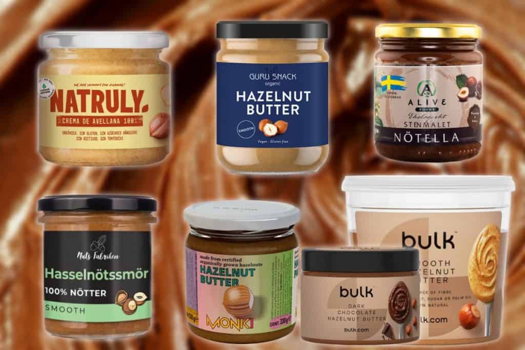 Många olika hasselnötssmörburkar mot en bakgrund av krämigt hasselnötssmör