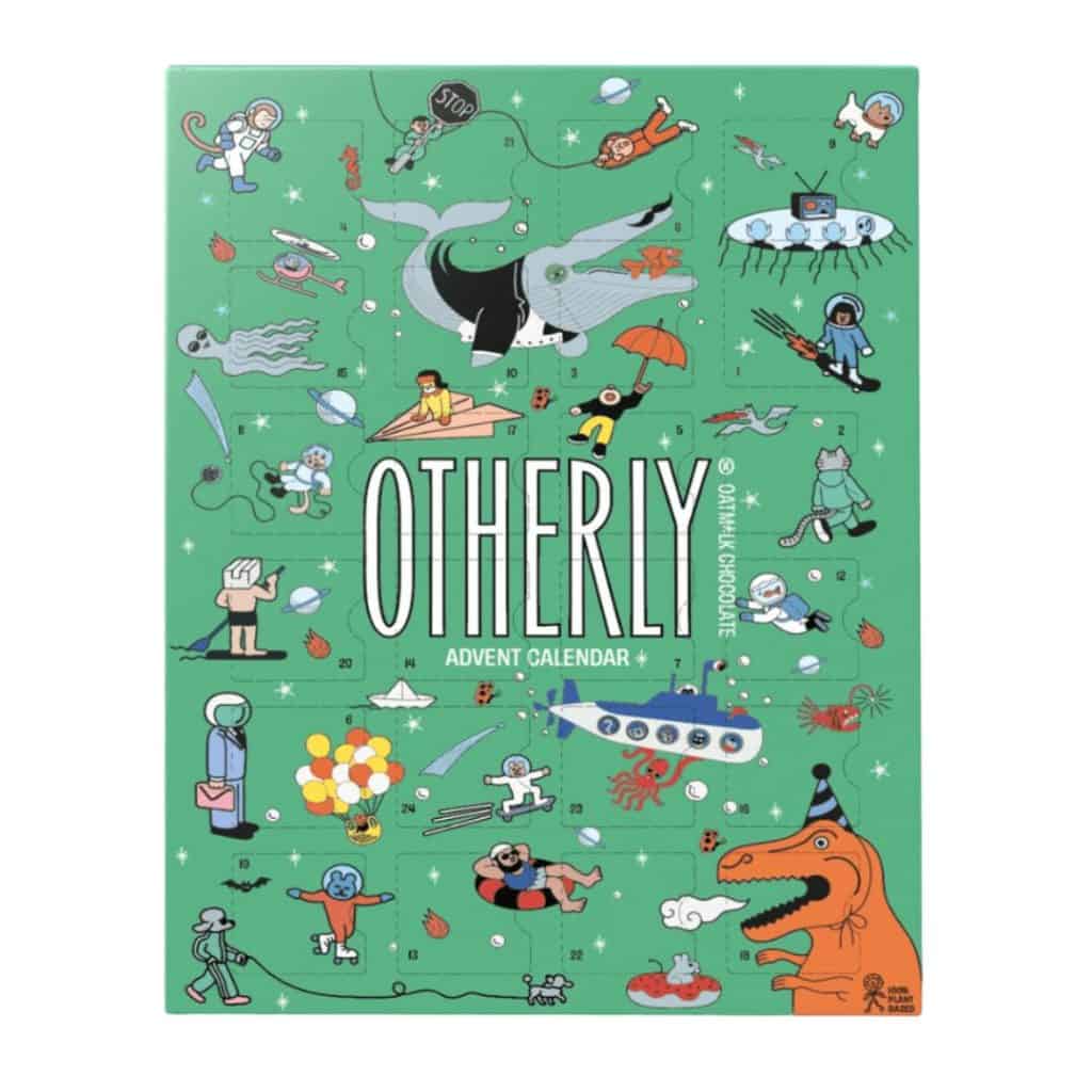 En grön adventskalender med namnet "Otherly," fylld med roliga tecknade figurer och scener.