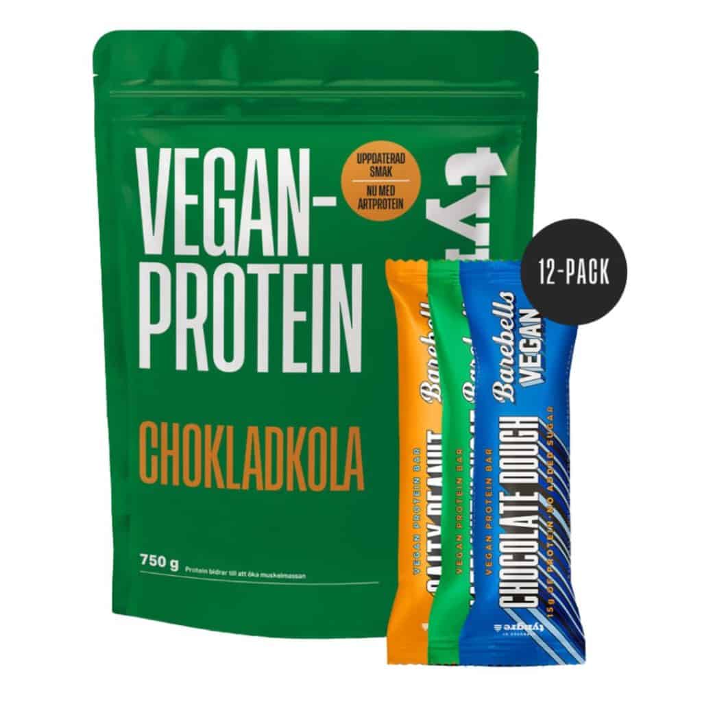 Tyngre veganproteinpulver i smaken chokladkola tillsammans med veganska proteinbars från Barebells i olika smaker.