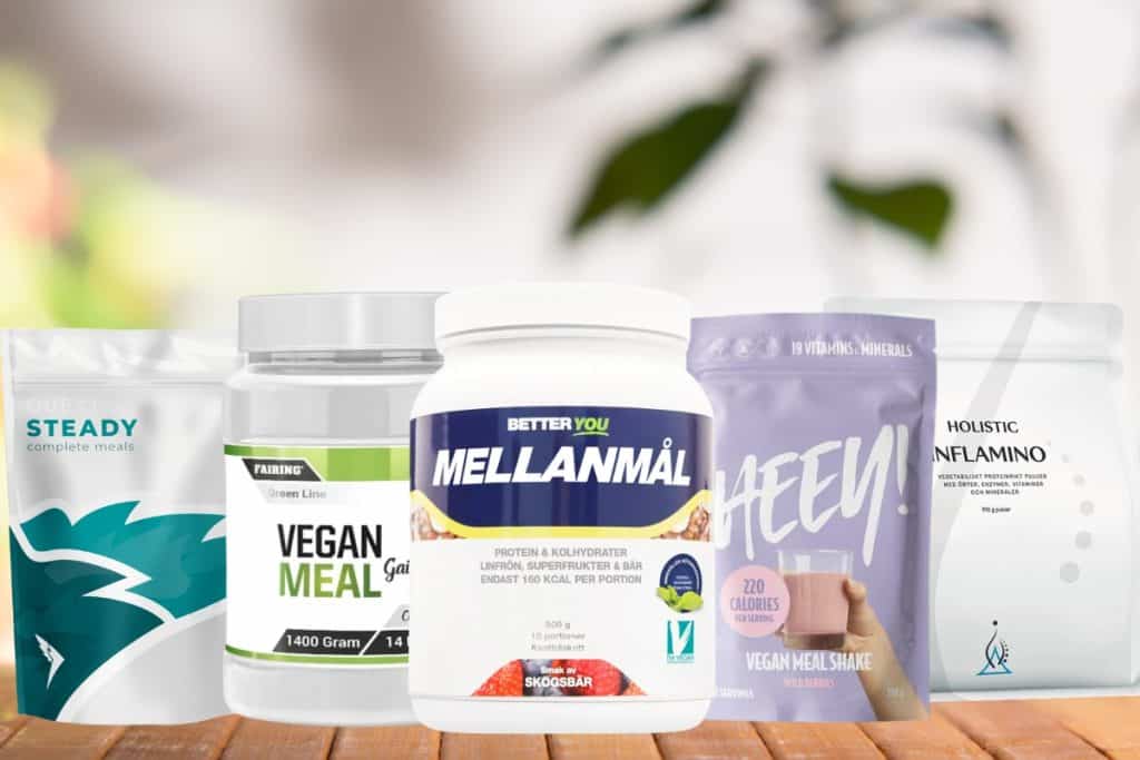 Många olika veganska måltidsersättningar på ett bord