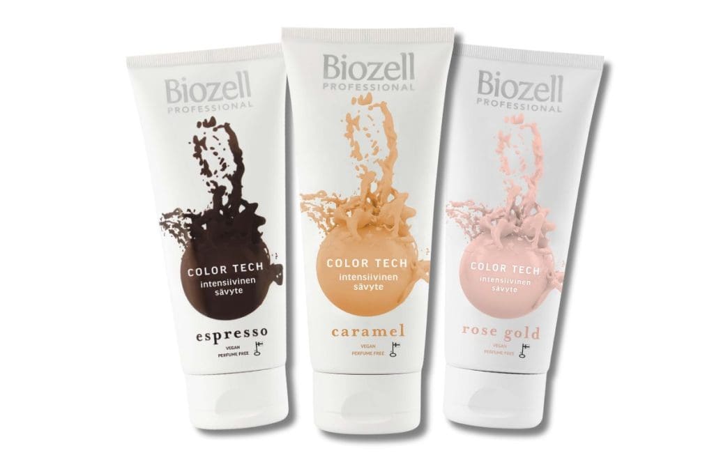 Biozell Color Tech vegansk hårtoning i tre nyanser: espresso, caramel, och rose gold.