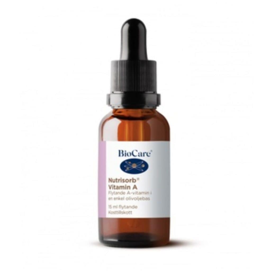 Flaska med BioCare Nutrisorb flytande A-vitamin.