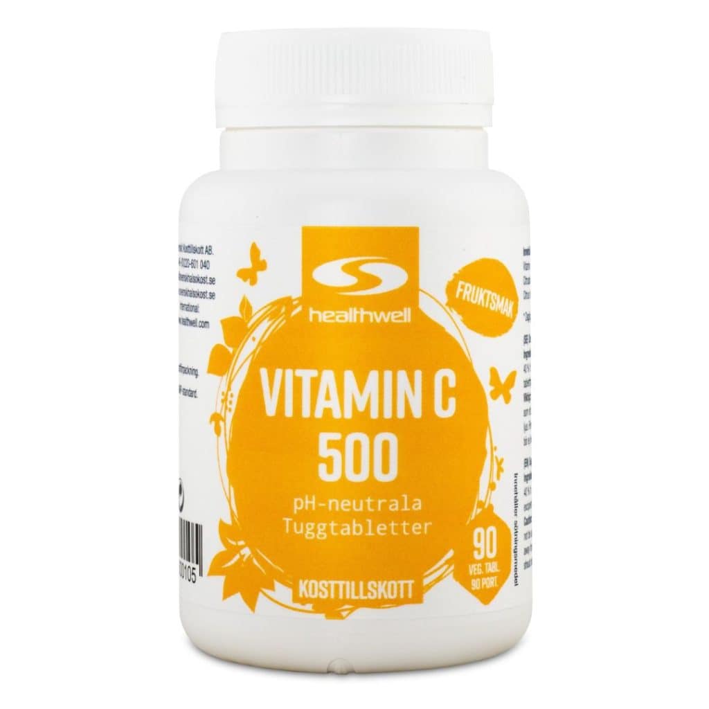 Burk med Healthwell Vitamin C 500 tuggtabletter.