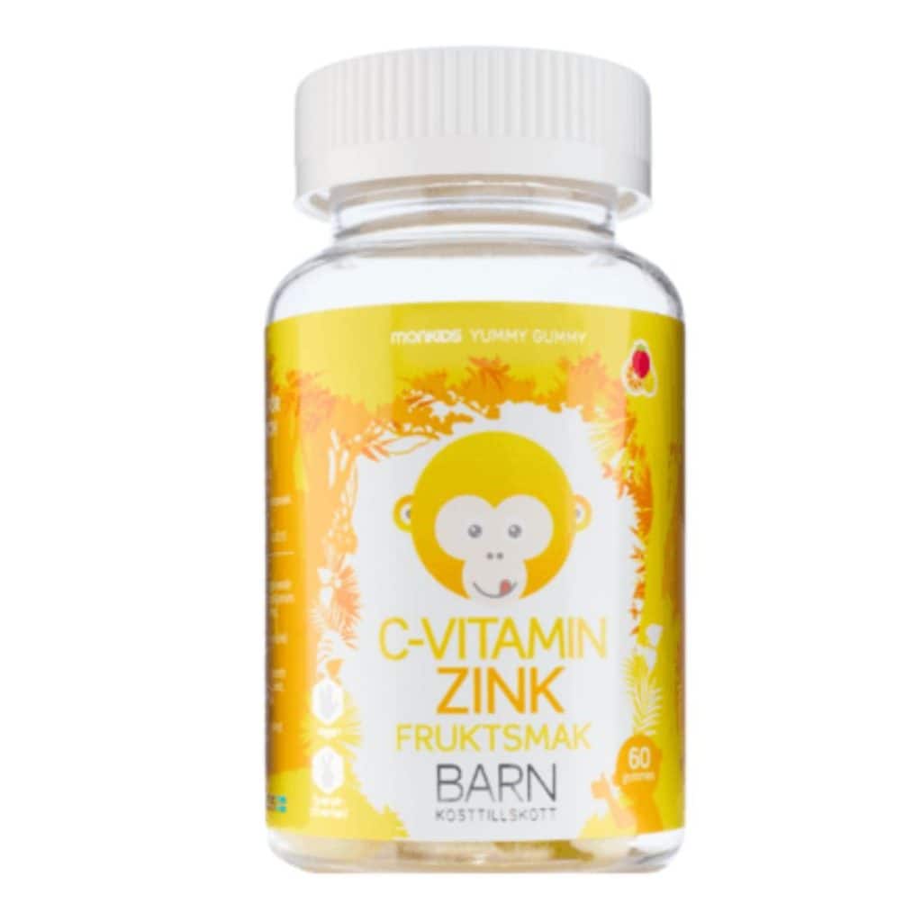 Burk med Monkids C-vitamin & Zink gummies för barn.
