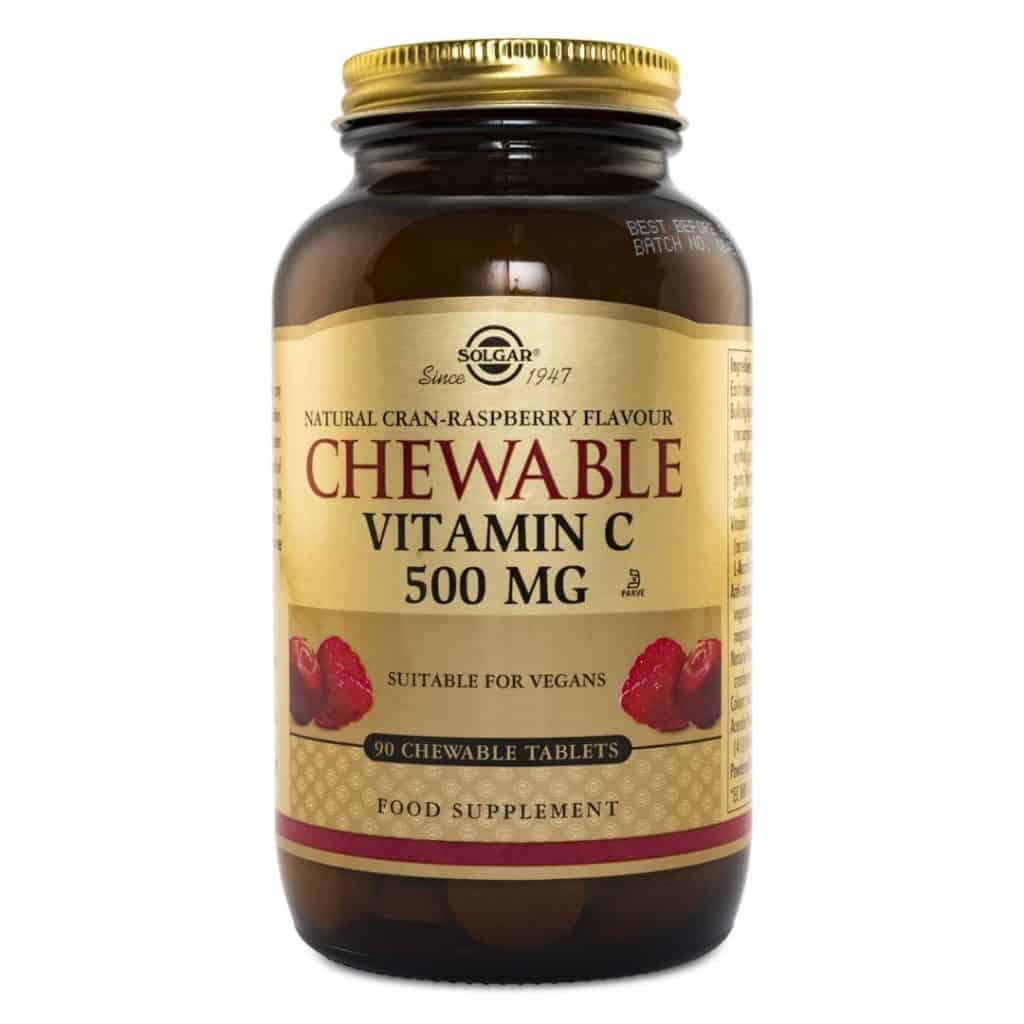 Glasburk med Solgar Chewable Vitamin C tuggtabletter.
