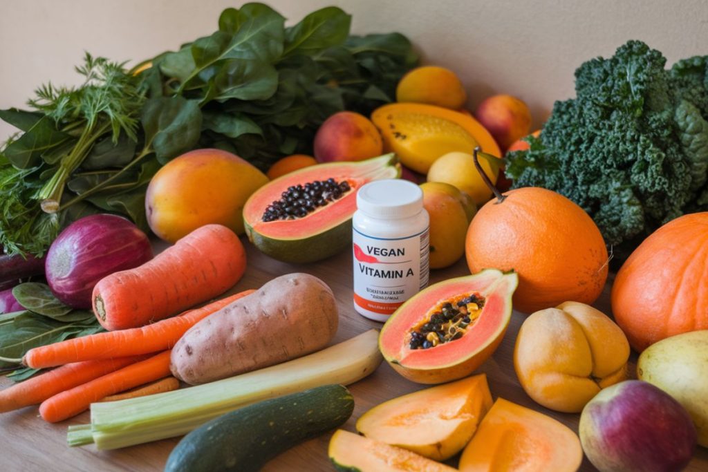Burk med vegansk A-vitamin omgiven av färsk frukt och grönsaker.