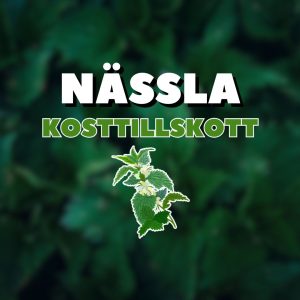 Illustration av nässelblad med texten "Nässla kosttillskott" mot en grön bakgrund.