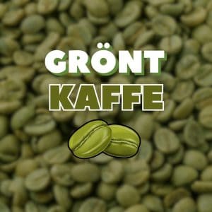 En illustration av gröna kaffebönor med texten "Grönt Kaffe" i vitt och grönt.