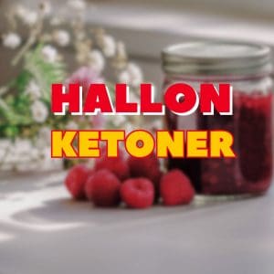 Hallon framför en burk med sylt, med texten "Hallonketoner."
