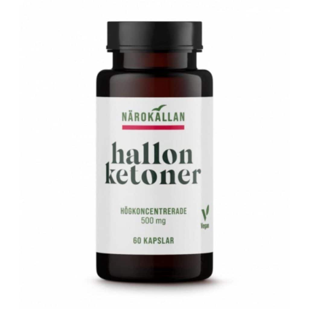 Förpackning av Närokällan Hallonketoner, 60 kapslar.