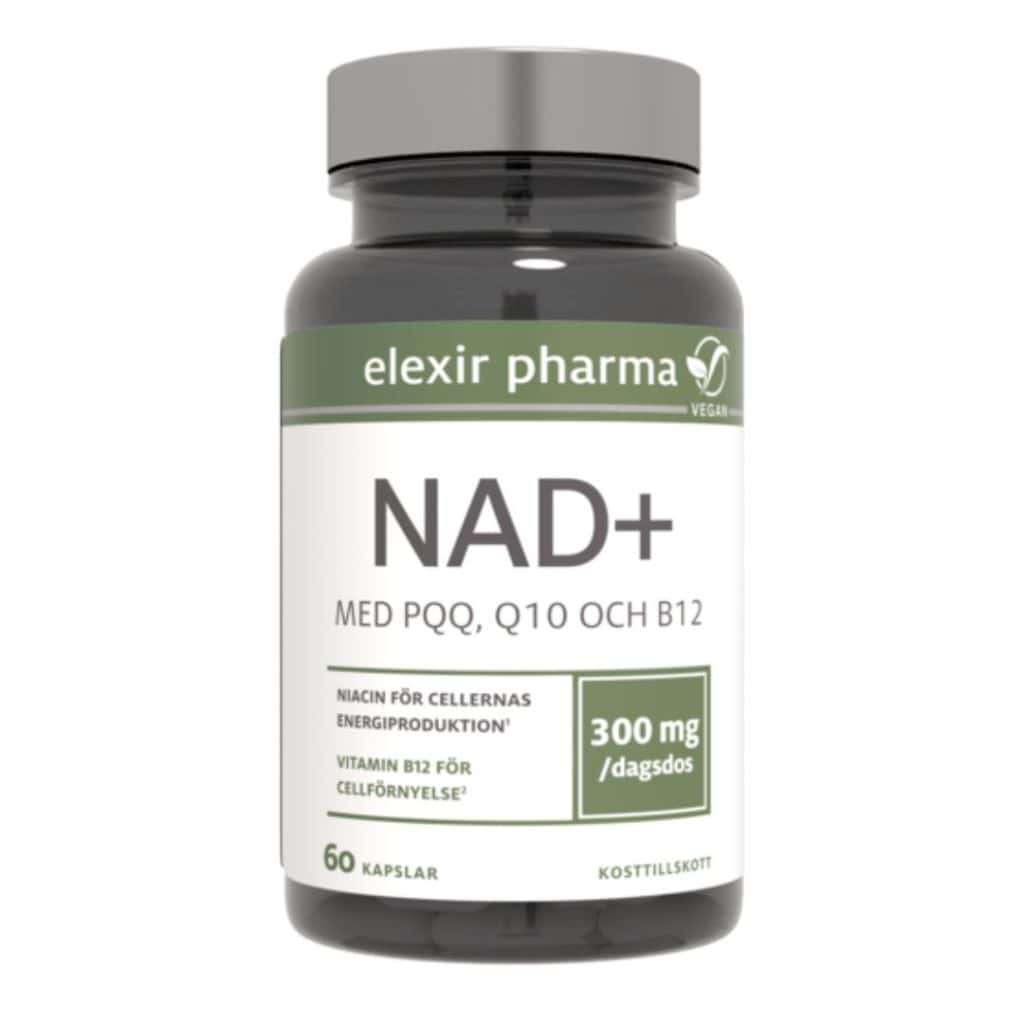 Burk med Elexir Pharma NAD+, ett kosttillskott med NAD+, PQQ, Q10 och B12.