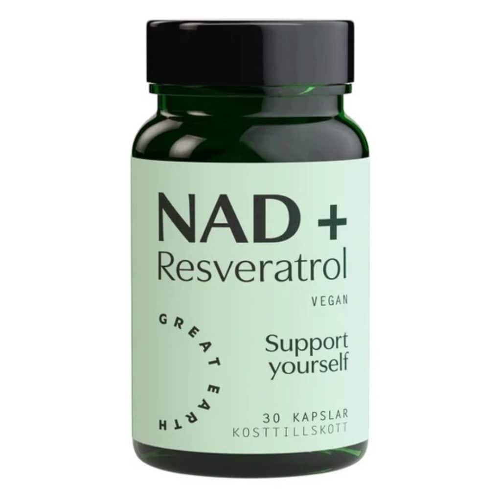 Burk med Great Earth NAD+ Resveratrol, ett veganskt kosttillskott med NAD+ och resveratrol.