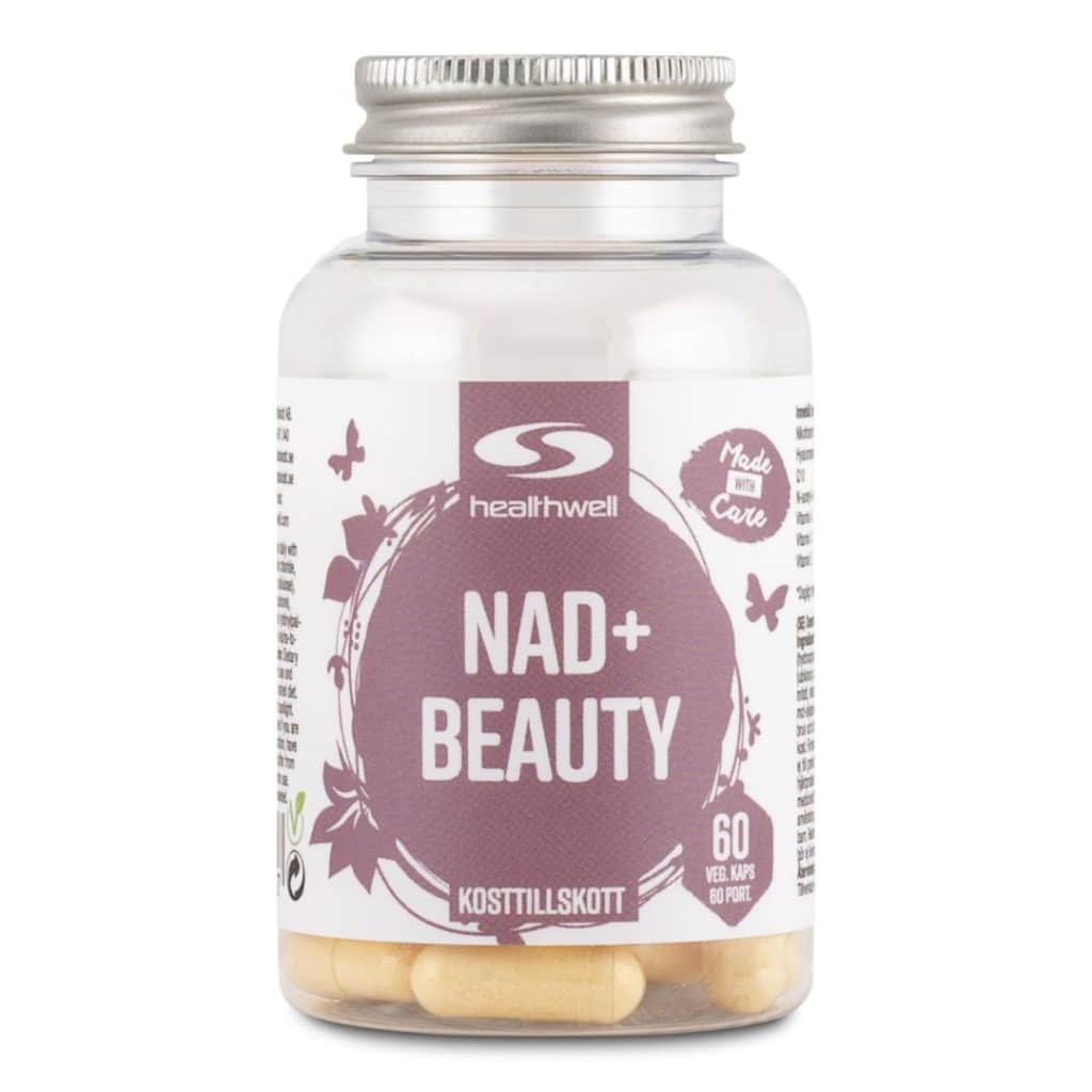 Burk med Healthwell NAD+ NAC+ Q10 Beauty, ett kosttillskott med NAD+, NAC, Q10 och hyaluronsyra.