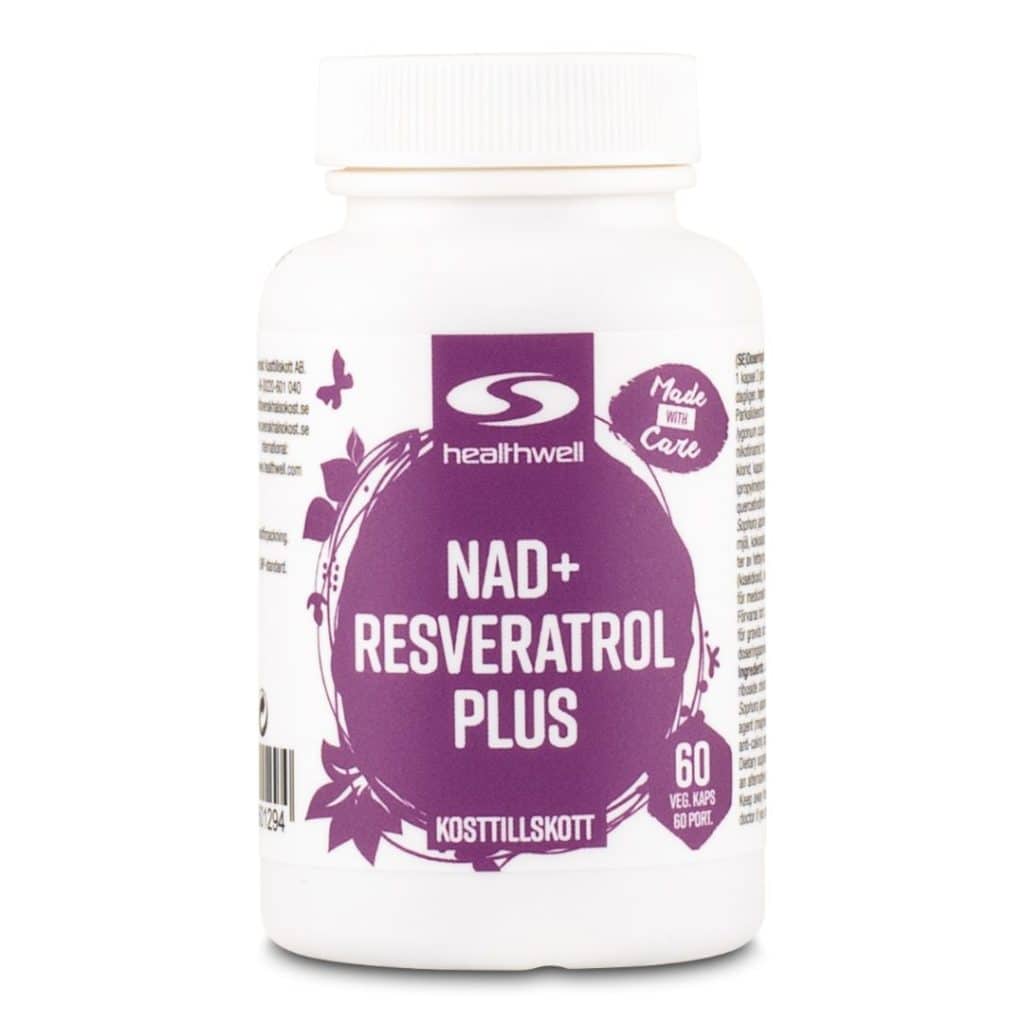 Burk med Healthwell NAD+ Resveratrol Plus, ett kosttillskott med NAD+ och resveratrol.