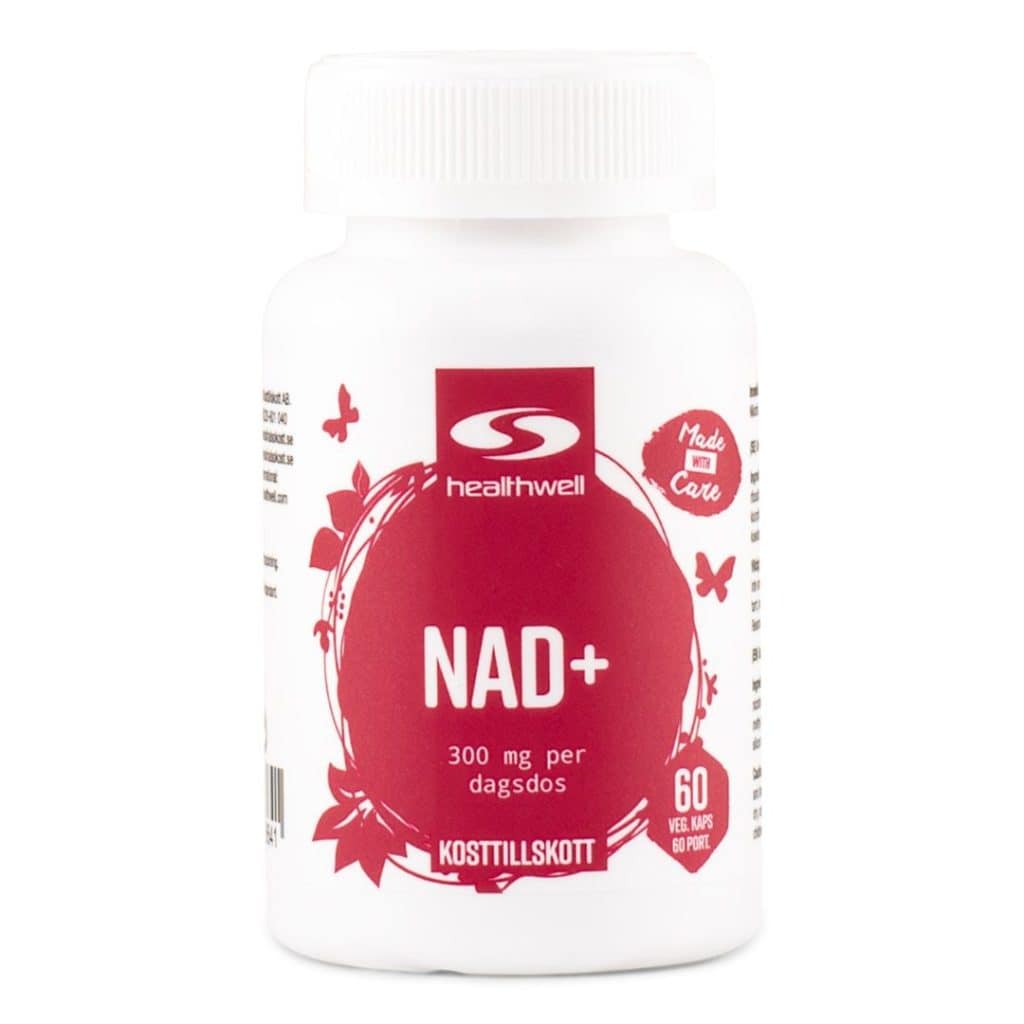 Burk med Healthwell NAD+, ett kosttillskott med 300 mg NAD+ per dagsdos.