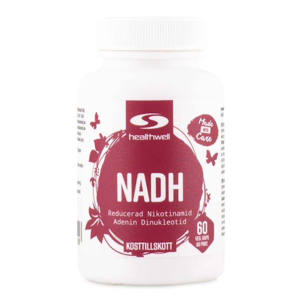 Burk med Healthwell NADH, ett kosttillskott med reducerad NAD+.