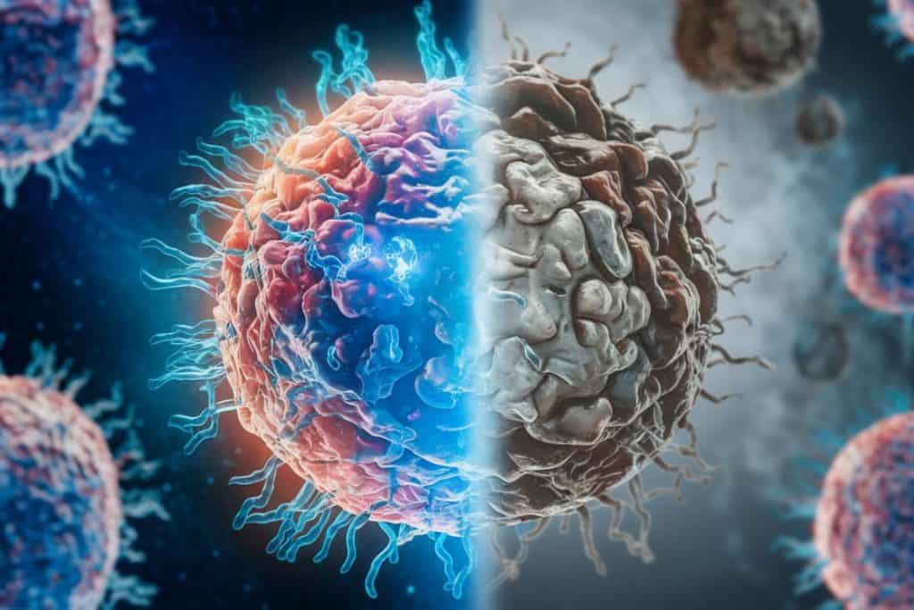 3D-visualisering av en cell i två tillstånd – en frisk cell med hög NAD+-nivå och en åldrad cell med låg NAD+-nivå.