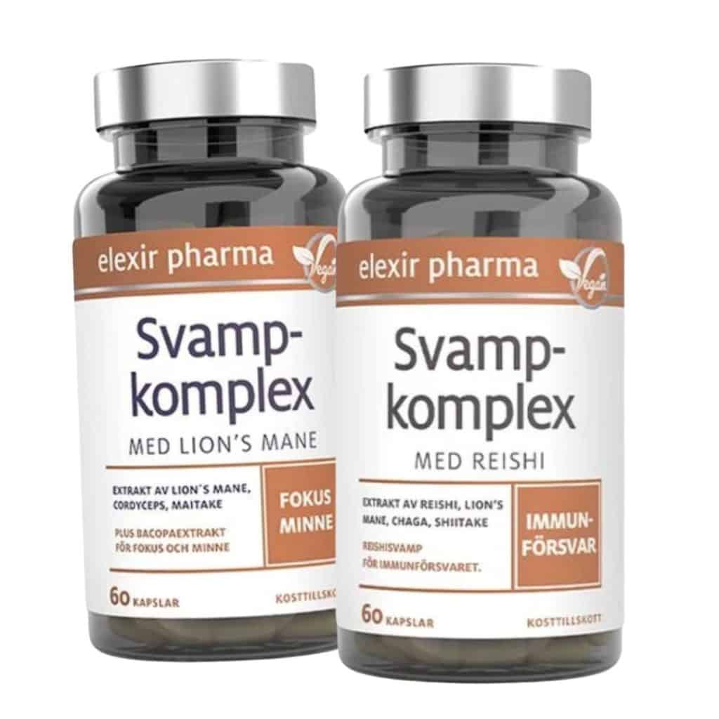 Två burkar svampkomplex från Elexir Pharma – en med Lion’s Mane för fokus och en med Reishi för immunförsvar.