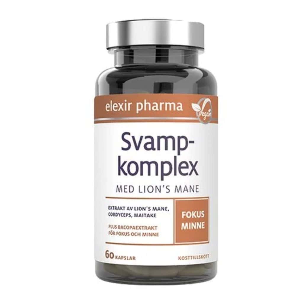 Burk med kosttillskott från Elexir Pharma med Lion’s Mane, Cordyceps och Maitake