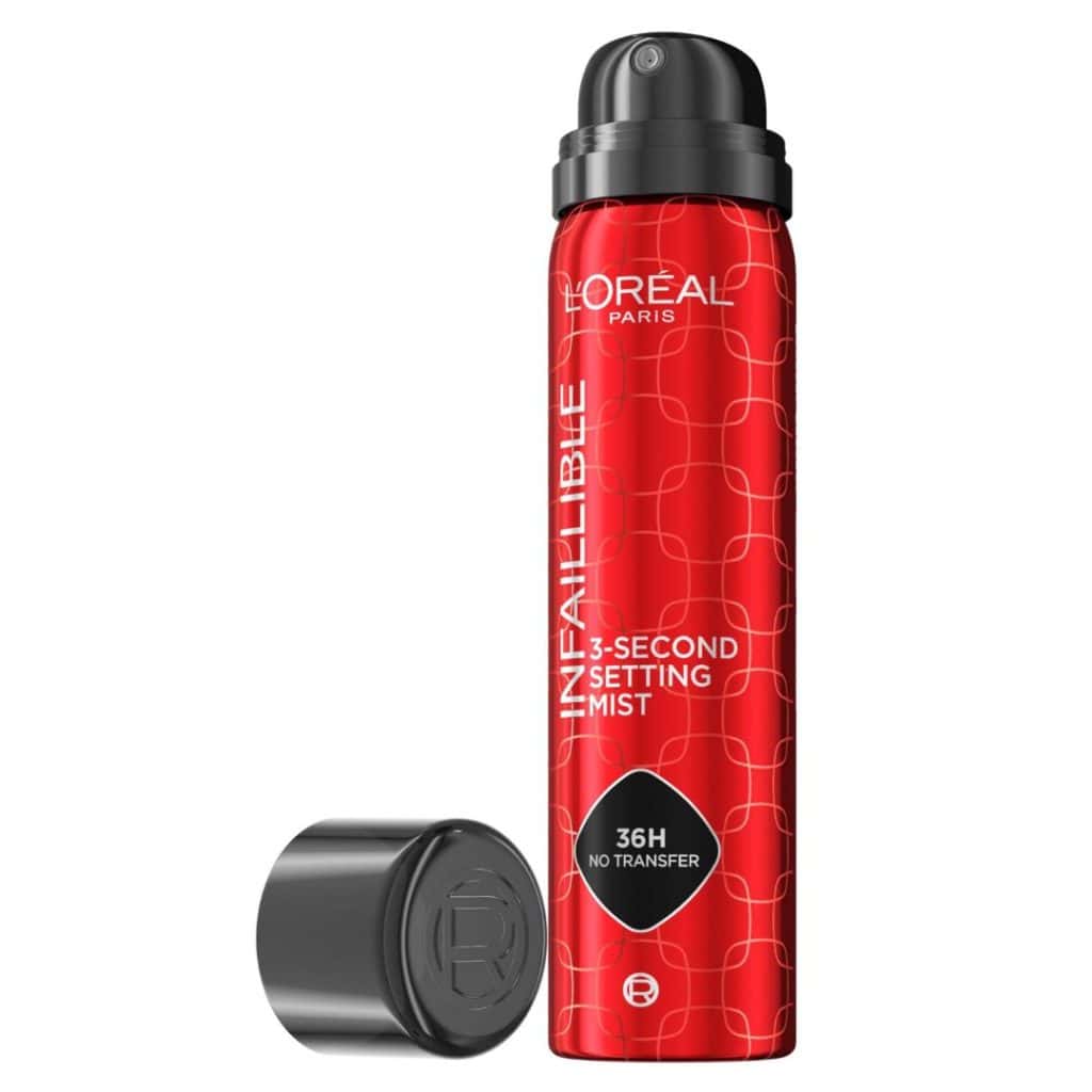 L’Oréal Paris Infaillible 3‑Second Setting Mist i röd aerosolförpackning