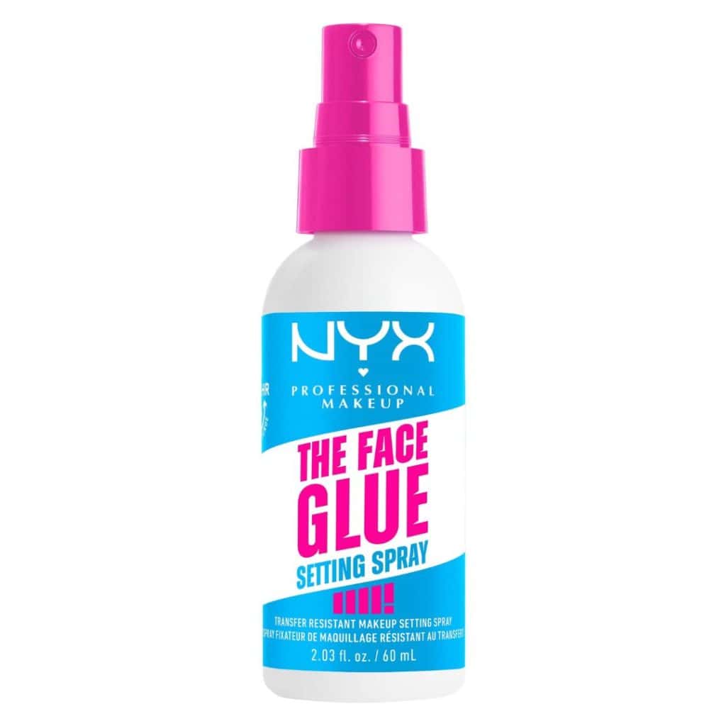 NYX Face Glue Setting Spray med blå och rosa etikett