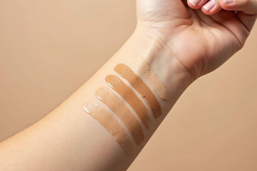 Swatches av flytande foundation i olika nyanser på en arm